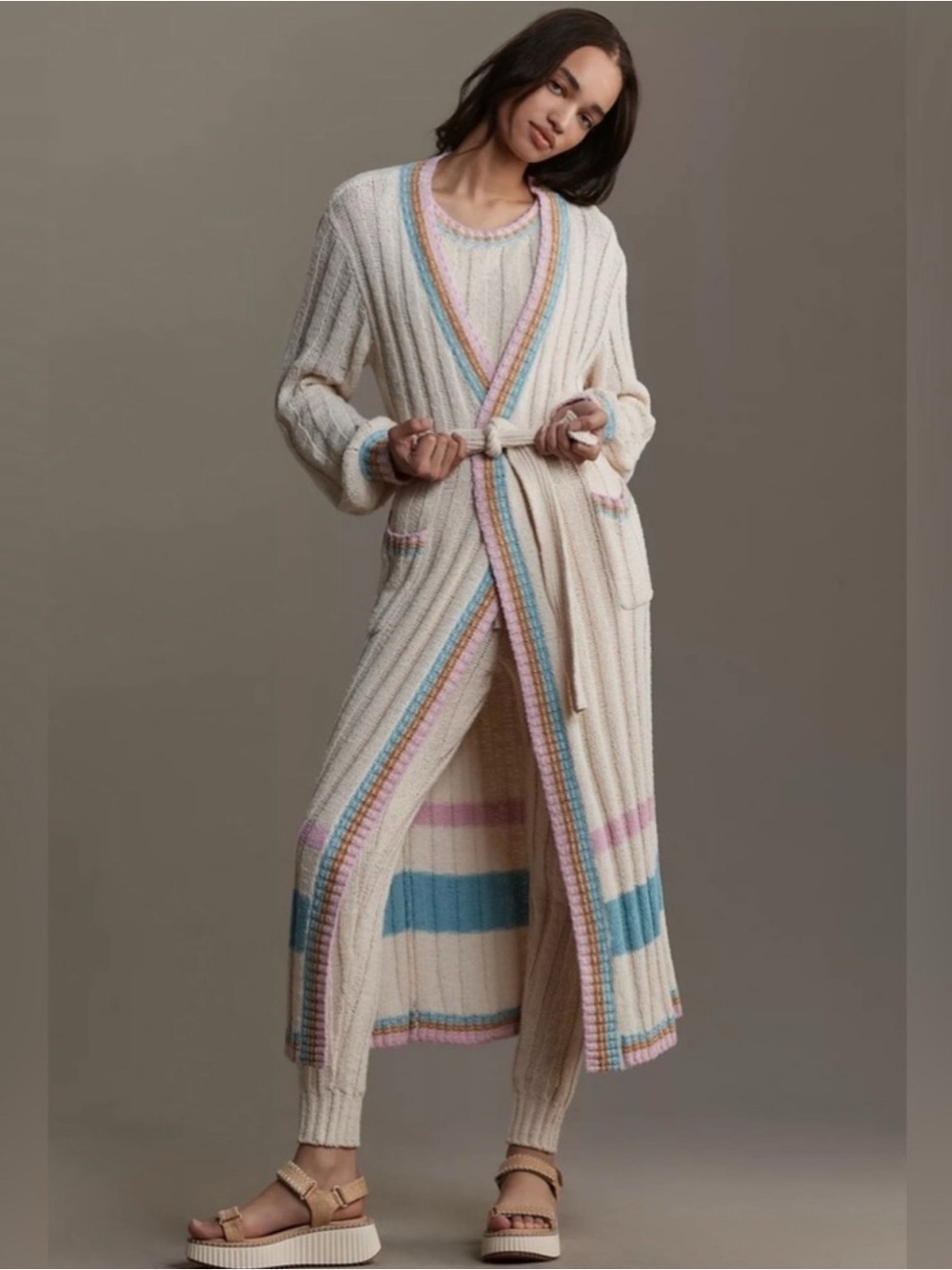 L*SPACE Knit Set with matching Cream Ribbed Knit Duster, cropped tank & joggers